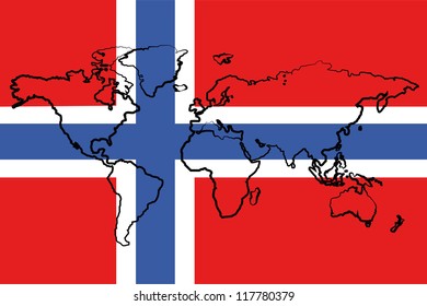The flag of Norway with the outline of the world
