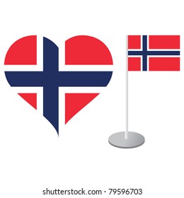 Flag of Norway with a pole and on a heart shape