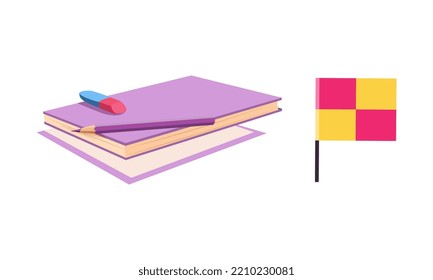 Flag and Notepad with Pencil and Eraser as Colorful Kids Toy Vector Set