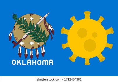 Bandera del estado de Oklahoma con virus de rotura Antecedentes de la bandera del estado de Estados Unidos. Enfermedad del Coronavirus Novedoso COVID-19. Infección Por Coronavirus Y Epidemia En Estados Unidos. Bloqueo de EE.UU.