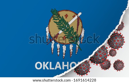 Flag of Oklahoma state with outbreak viruses deadly coronavirus COVID-19. Banner with the spread of Coronavirus against background of the national flag. USA Lockdown.Concept of quarantine.Stay at home