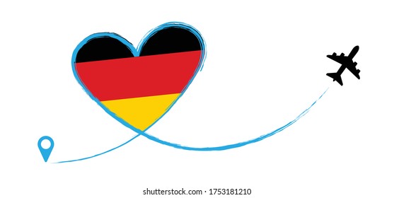 Flag Oktoberfest, Germany. Heart, love romantic travel. Symbol of  airplane, air plane, aircraft, aeroplane, flying, fly jet airline. Line path. Vector location pointer route. Travel. 