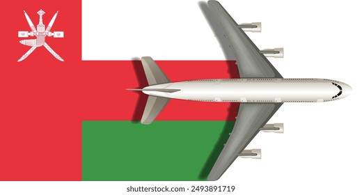 Flag of Oman with an airplane flying over it close up. Vector image.