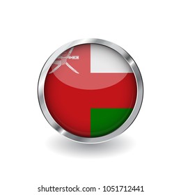 Flag of oman, button with metal frame and shadow. oman flag vector icon, badge with glossy effect and metallic border. Realistic vector illustration on white background.