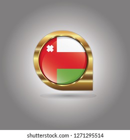 Flag of Oman, button with the reflection of light and shadow, gold frame, Icon country. Realistic vector illustration on gray background.