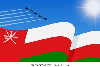 Flag of Oman and a fighter plane formation flying in the sky. 18th November Independence day Oman. Military aviation in the blue sky. Vector illustration