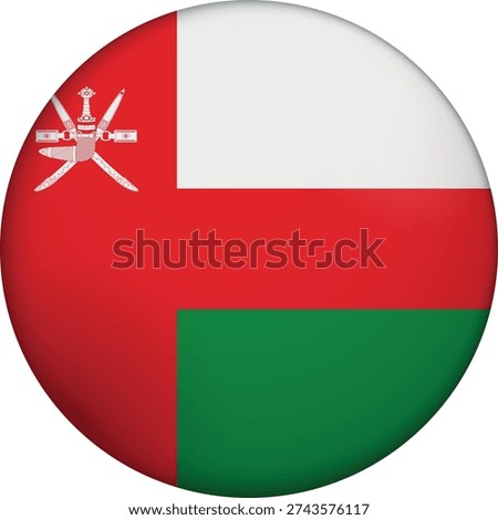 Flag of Oman. Glossy circular flag. Button appearance. 3D Icon Design with depth. Professional, tactile look. Perfect for representing national identity in digital interfaces and perfect for websites