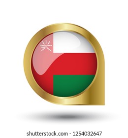 Flag of Oman, location map pin, pointer flag, button with the reflection of light and shadow, gold frame, Icon country. Realistic vector illustration on white background.