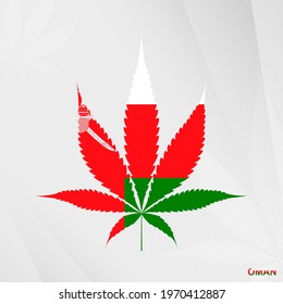 Flag of Oman in Marijuana leaf shape. The concept of legalization Cannabis in Oman. Medical cannabis illustration.