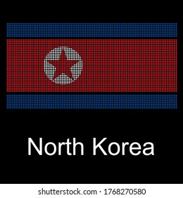 Hay una bandera sobre el fondo negro que usa el efecto puntos. Es la bandera de Corea del Norte. Concepto de guerra, relación, diferencia, división, etc.