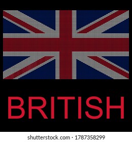 There’s A Flag On Black Background That Used Dots Effect. It Is BRITISH Flag. Concept About Nation, Country, Symbol, Independence And Etc.