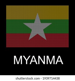 Es gibt eine Fahne auf schwarzem Hintergrund, die den Punkteeffekt verwendet. Es ist die MYANMA-Flagge. Konzept über Nation, Land, Symbol, Unabhängigkeit und etc.