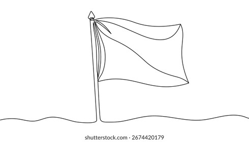 Flag on flagpole in one line art style. Flag drawing with editable black stroke on white background. Vector illustration.