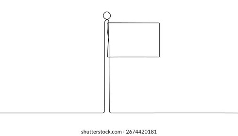 Flag on flagpole in one line art style. Flag drawing with editable black stroke on white background. Vector illustration.