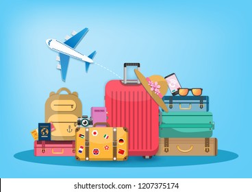 flag on luggage and accessories travel around the world concept summer banner. plane check in Invitation on Background Design, concept blank space for text and content paper art, vector, Card, Poster,