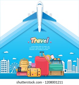 flag on luggage and accessories travel around the world concept summer banner. plane check in Invitation on blue Background. content paper art, vector, Card, Poster,
