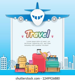 flag on luggage and accessories travel around the world concept summer banner. plane check in Invitation on Background Design, concept blank space for text and content paper art, vector, Card, Poster,