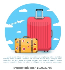 flag on luggage and Airplane aerial with check in point travel around the world concept on Background. holiday vacation bag. blank space for text and content paper art, vector, banner, Poster,