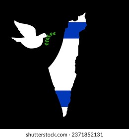 Flag on the map of Israel with the dove of peace. White dove flying near the country hold a olive branch of the peace. Concept of a fluttering bird that brings peaceful and calm to Israeli people