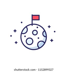 Flag on Moon icon in simple flat cartoon style. Isolated vector illustration.