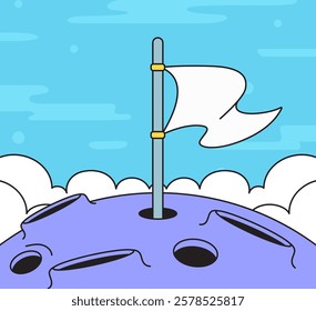 A flag on a moon like surface cartoon hand drawn style design vector illustration perfect for space-themed graphics