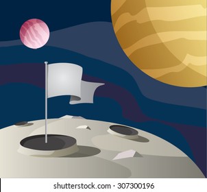 Flag On The Moon Surface, Space With Planets.