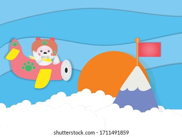 Flag on Mountain And bear on plane concept success Paper cut style