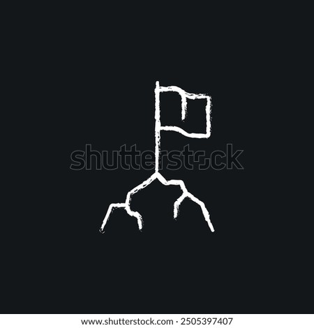 Flag on the mountain chalk icon. Vector isolated black illustration.
