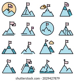Marca en los iconos de montaña. Conjunto de contornos de la bandera sobre iconos de los vectores de montaña color de línea delgada plano sobre blanco