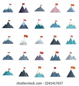 Flag on mountain icons set flat vector. Career goal. Peak challenge isolated