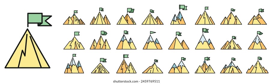 Flag on mountain icons set outline vector. Career goal. Peak challenge thin line color flat on white