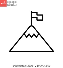 Flag on mountain line icon. Achievement symbol Target peak. Success, leadership Mission goal logo. outline pictogram business. Editable stroke. Vector illustration. Design on white background. EPS 10