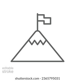 Flag on mountain line icon. Achievement symbol Target peak. Success, leadership Mission goal logo. outline pictogram business. Editable stroke. Vector illustration. Design on white background. EPS 10
