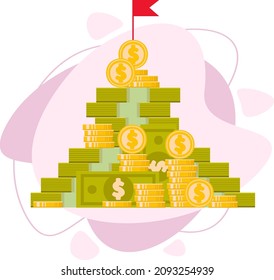 A flag on a mountain of money. Vector concept of financial leadership with piles of coins and bills in a flat style.