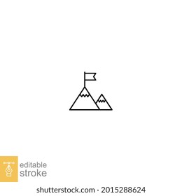 Marca en el icono de contorno de montaña. Símbolo de logro Punto máximo de destino. Logotipo del objetivo de la Misión de éxito. negocio de pictogramas de esquema. Ilustración del vector de trazo editable Diseño del fondo blanco EPS 10
