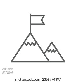 Flag on mountain outline icon. Achievement symbol Target peak. Success, leadership Mission goal logo. outline pictogram business. Editable stroke Vector illustration Design on white background EPS 10