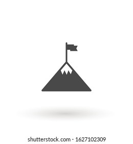 Flag on mountain on a peak as aim achievement or leadership illustration icon. Success icon pictogram isolated on white. Achievement symbol, logo illustration.