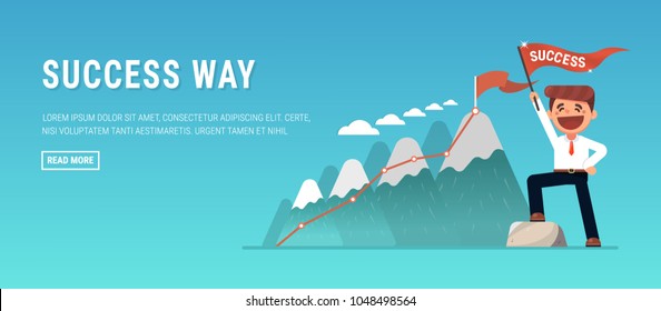 Flag on the mountain peak. Business concept, goal achievement, success, winning. Flat style, vector illustration.