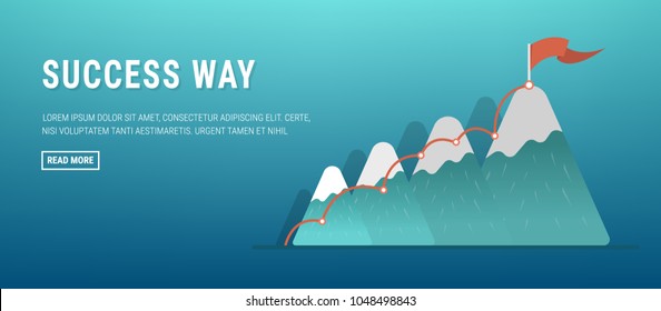 Flag on the mountain peak. Business concept, goal achievement, success, winning. Flat style, vector illustration.