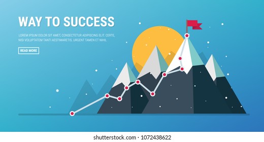 Flag on the mountain peak. Business concept, goal achievement, success, winning. Flat style, vector illustration.