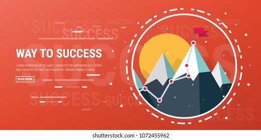 Flag on the mountain peak. Business concept, goal achievement, success, winning. Flat style, vector illustration.