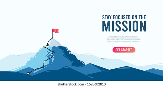 Flag on the mountain peak. Business concept of goal achievement or success. Flat style vector illustration