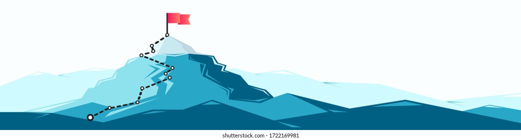 Flag On The Mountain Peak. Business Concept Of Goal Achievement Or Success. Flat Style Vector Illustration