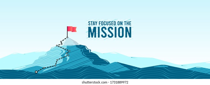 Flag on the mountain peak. Business concept of goal achievement or success. Flat style vector illustration