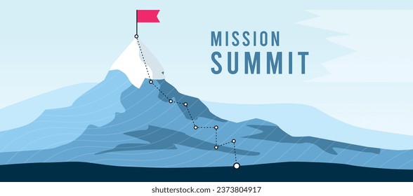 Flag on the mountain peak. Business concept of goal achievement or success. Flat style vector illustration
. Mission Summit. Trails along the mountain. Mountaineer Poster.