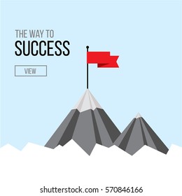 Bandera en la cima de la montaña. Concepto de negocio, logro de objetivos, éxito, triunfo. Estilo plano, ilustración vectorial.