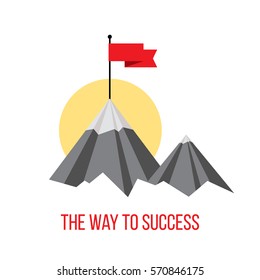 Flag on the mountain peak. Business concept, goal achievement, success, winning. Flat style, vector illustration.