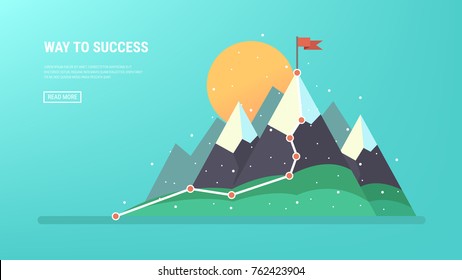 Flag on the mountain peak. Business concept, goal achievement, success, winning. Flat style, vector illustration.