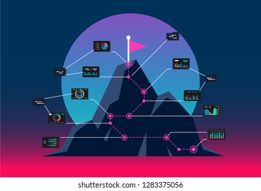 Flag on the mountain peak. Concept for the path to success. Infographic mountain for business. Goal achievement. success and win concept vector illustration
