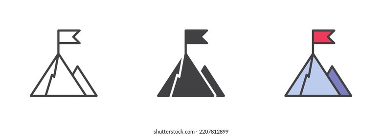 Flag on mountain peak different style icon set. Line, glyph and filled outline colorful version, outline and filled vector sign. Success symbol, logo illustration. Vector graphics